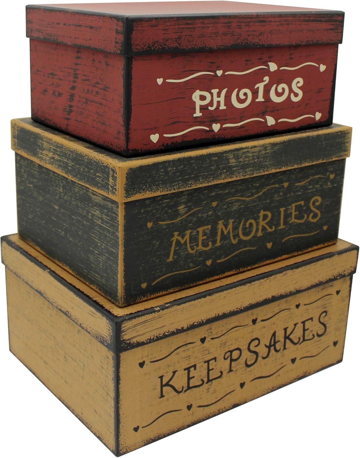 CVHOMEDECO. Primitive Vintage Rectangular Photos, Memories, Keepsakes Cardboard Nesting Boxes, Large 12 X 9 X 5-1/2 Inch. Set of 3.