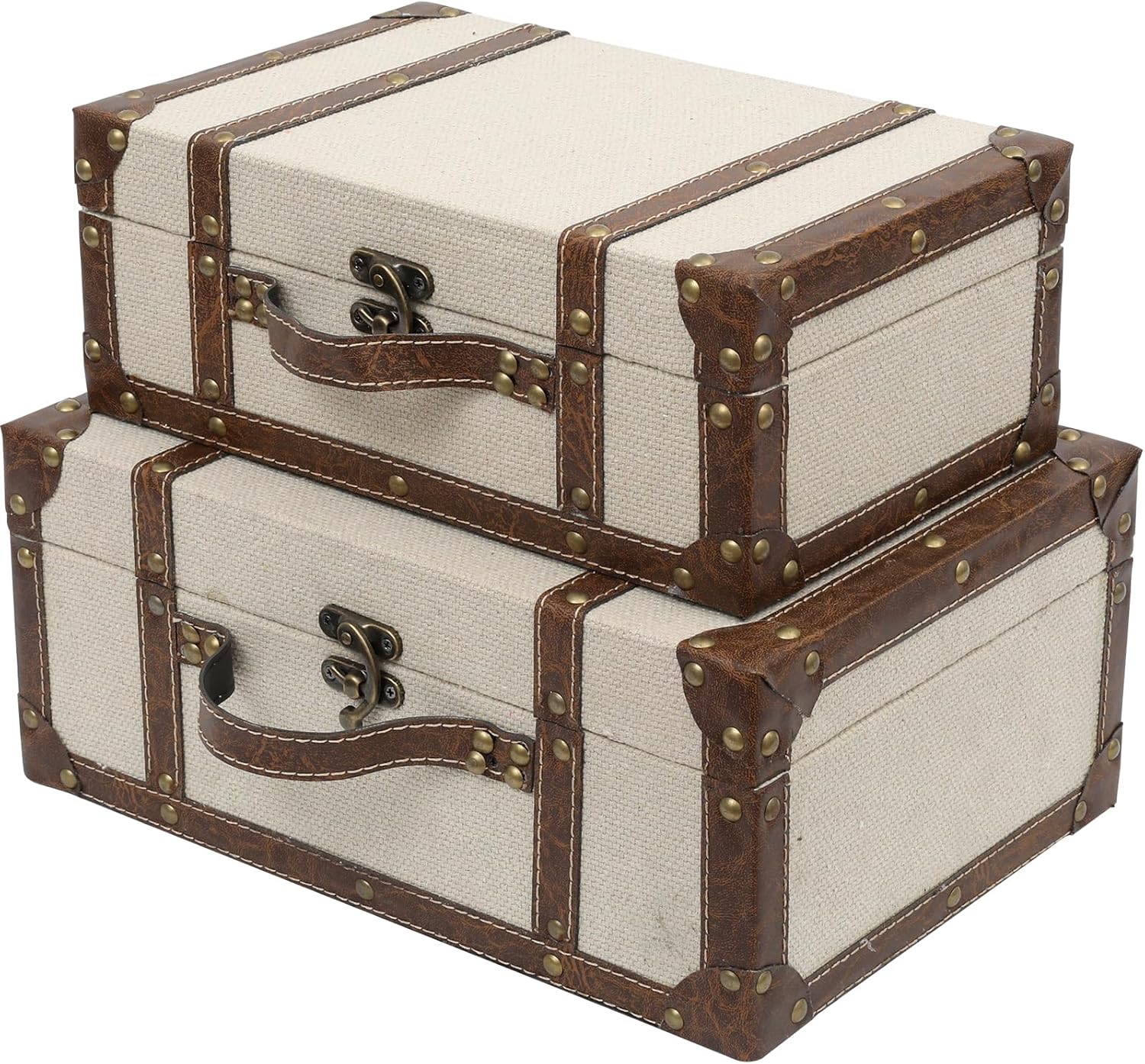 Vintage Suitcase Linen Fabric Covered Decorative Trunk Set of 2 - Antique-Style Wood Chests, Perfect for Weddings and Keepsakes