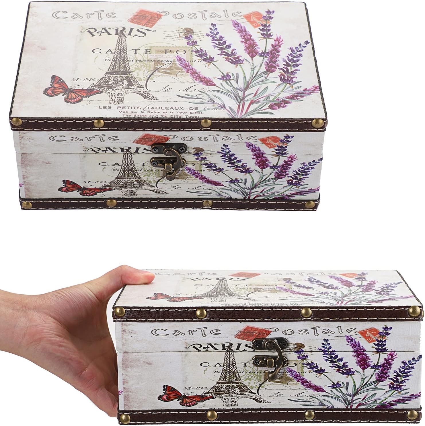 Hipiwe Chest Treasure Box Vintage Wooden + PU Leather Decorative Trinket Jewelry Box Memento Case Box Keepsake Box Gifts Home Decor (Lavender)
