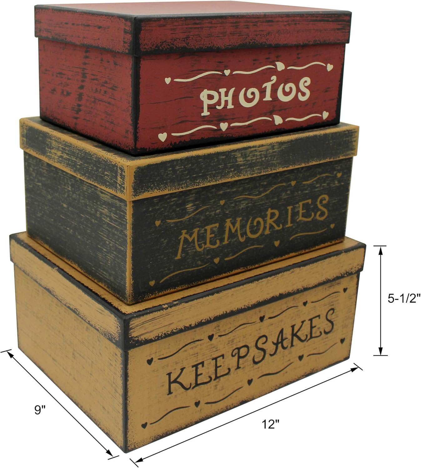 CVHOMEDECO. Primitive Vintage Rectangular Photos, Memories, Keepsakes Cardboard Nesting Boxes, Large 12 X 9 X 5-1/2 Inch. Set of 3.