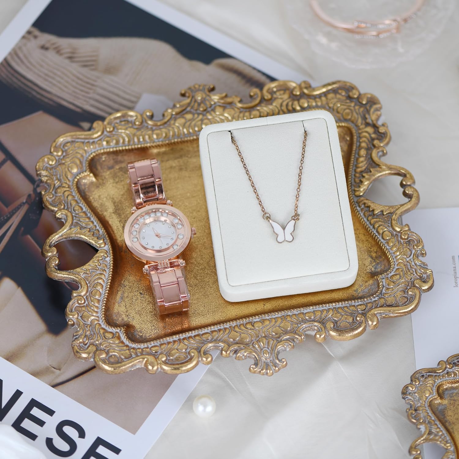 Funly mee Antique Trinket Dish Vintage Jewelry Tray, Wedding Ring & Necklace Holder -8 x 7 inches (Gold, M)