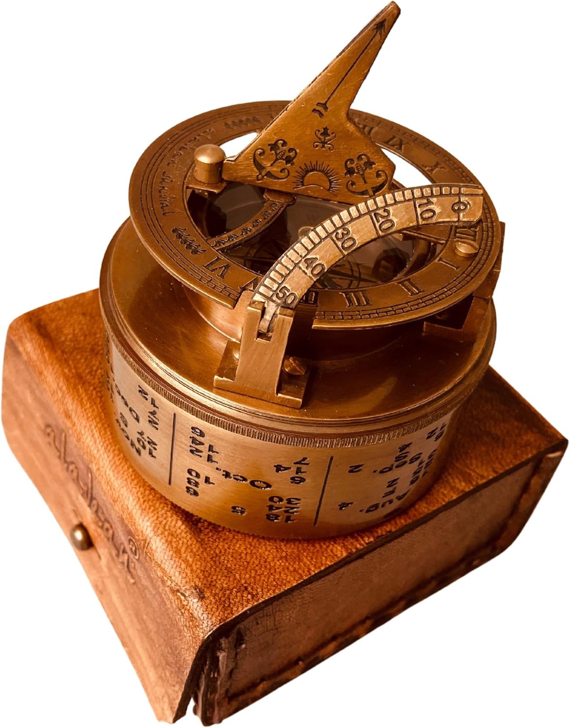 ALADEAN Vintage Brass Sundial Compass Antique Nautical Ship Sundial Clock in Keepsake Leather Gift Box Sun Clock Gift for Men & Women (Drum Sundial 2.75")