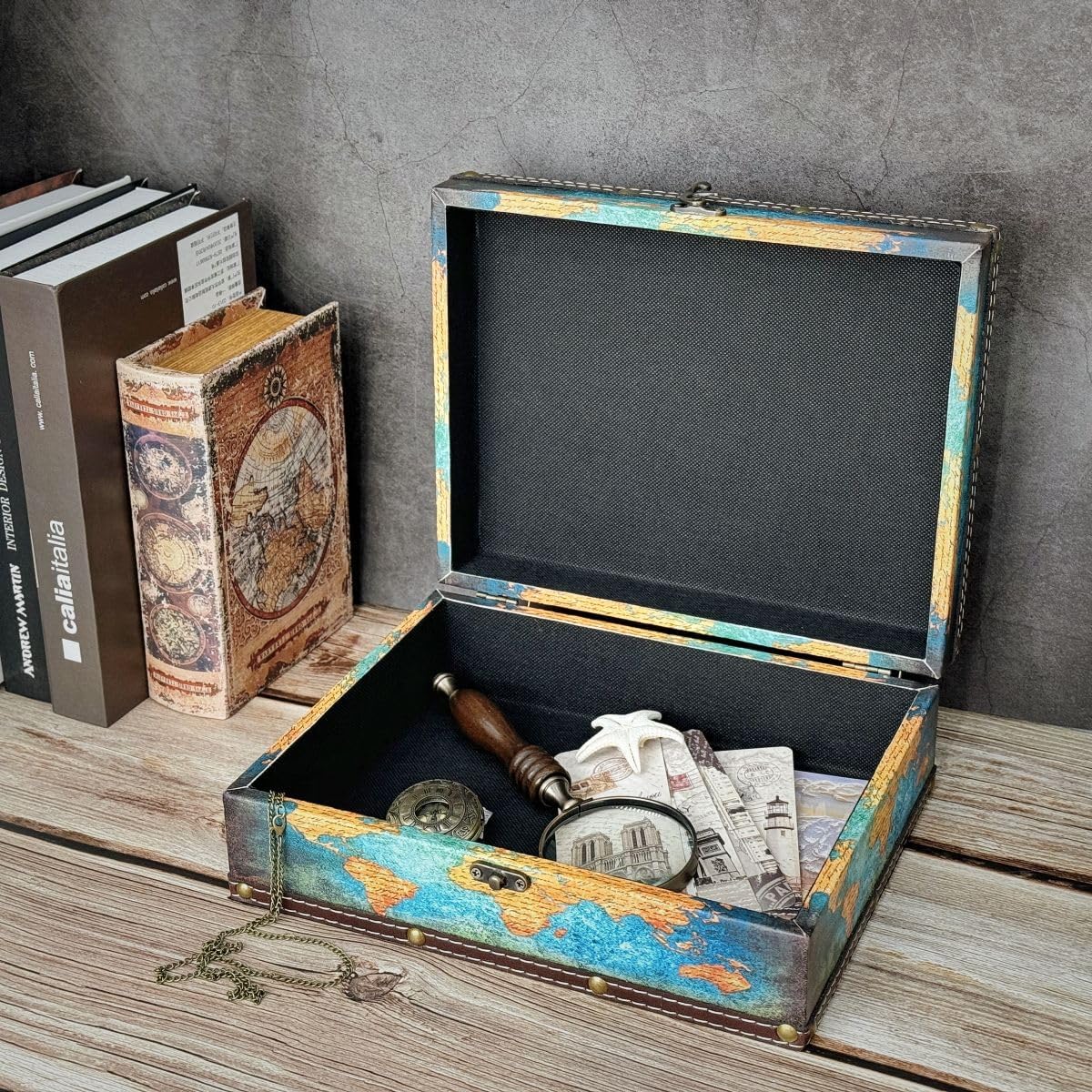 Treasure Box Vintage Wooden + PU Leather Decorative Trinket Jewelry Box Memento Case Box Keepsake Box Gifts For Kids Girls Women Men Home Decor (Map/Green, Medium)