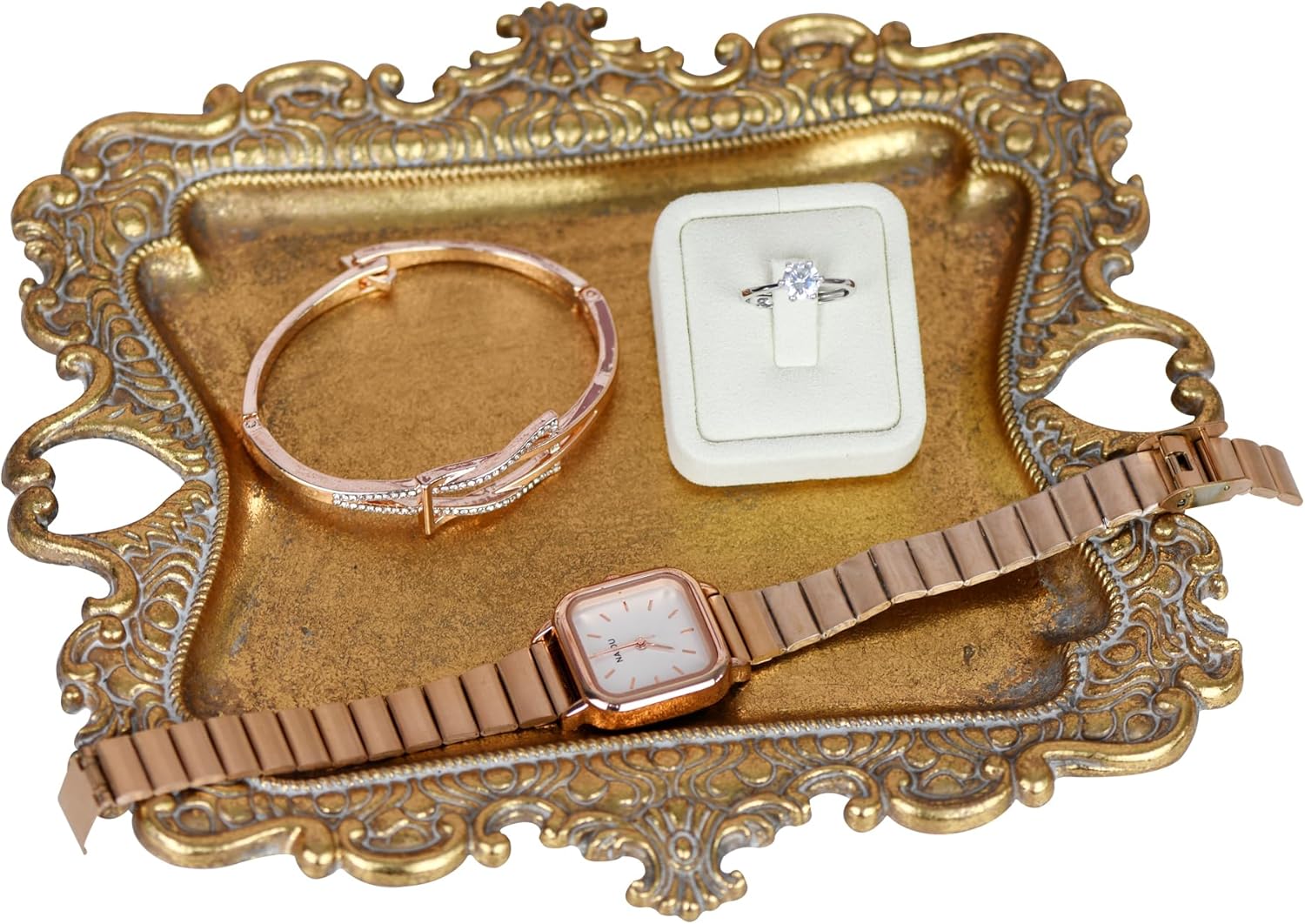 Funly mee Antique Trinket Dish Vintage Jewelry Tray, Wedding Ring & Necklace Holder -8 x 7 inches (Gold, M)