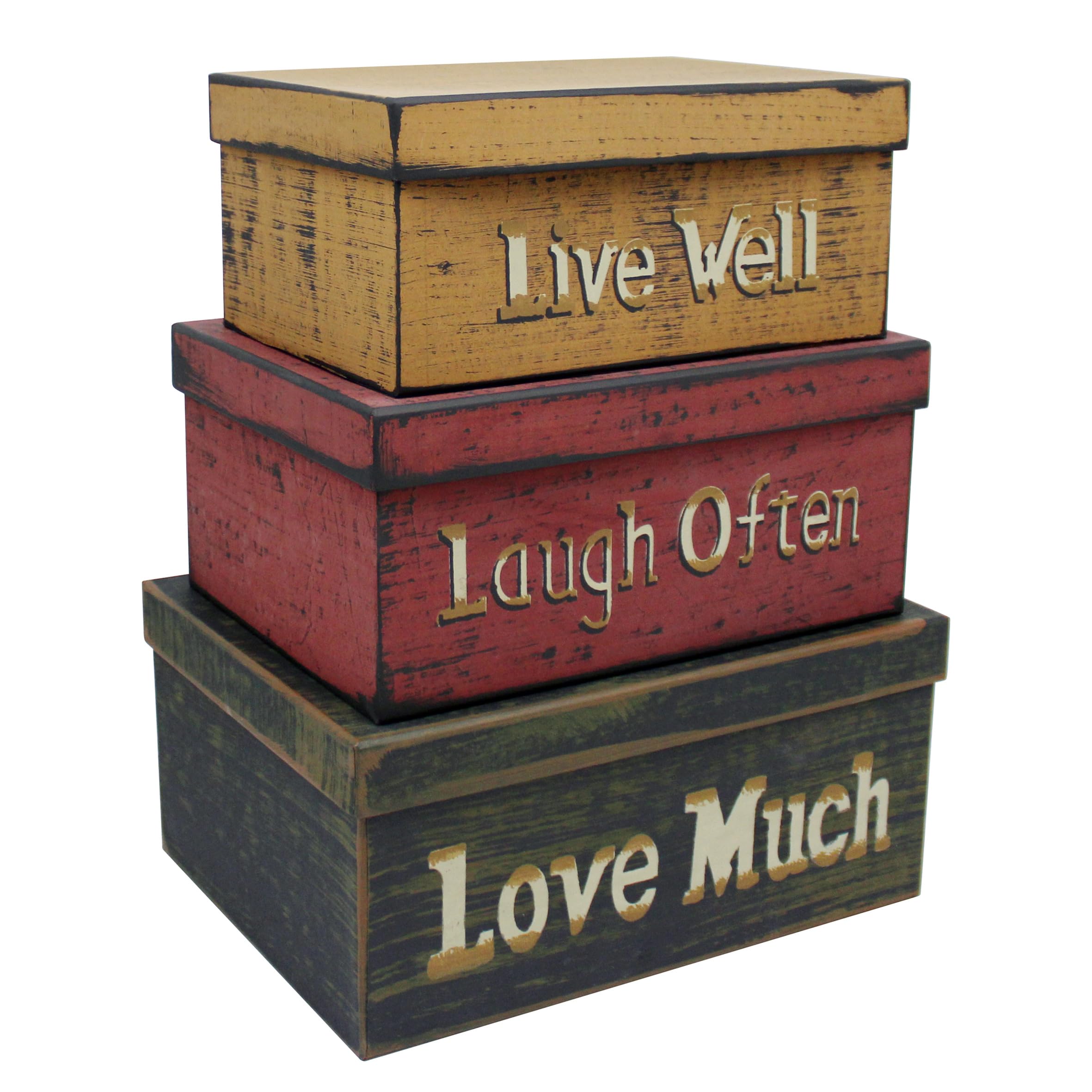 CVHOMEDECO. Primitive Vintage Rectangular Photos, Memories, Keepsakes Cardboard Nesting Boxes, Large 12 X 9 X 5-1/2 Inch. Set of 3.