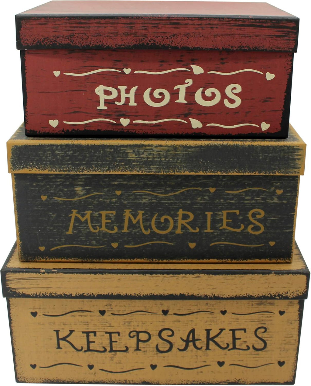 CVHOMEDECO. Primitive Vintage Rectangular Photos, Memories, Keepsakes Cardboard Nesting Boxes, Large 12 X 9 X 5-1/2 Inch. Set of 3.