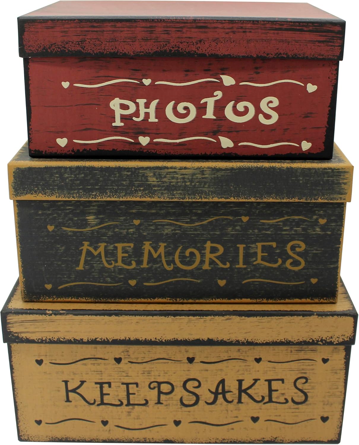 CVHOMEDECO. Primitive Vintage Rectangular Photos, Memories, Keepsakes Cardboard Nesting Boxes, Large 12 X 9 X 5-1/2 Inch. Set of 3.