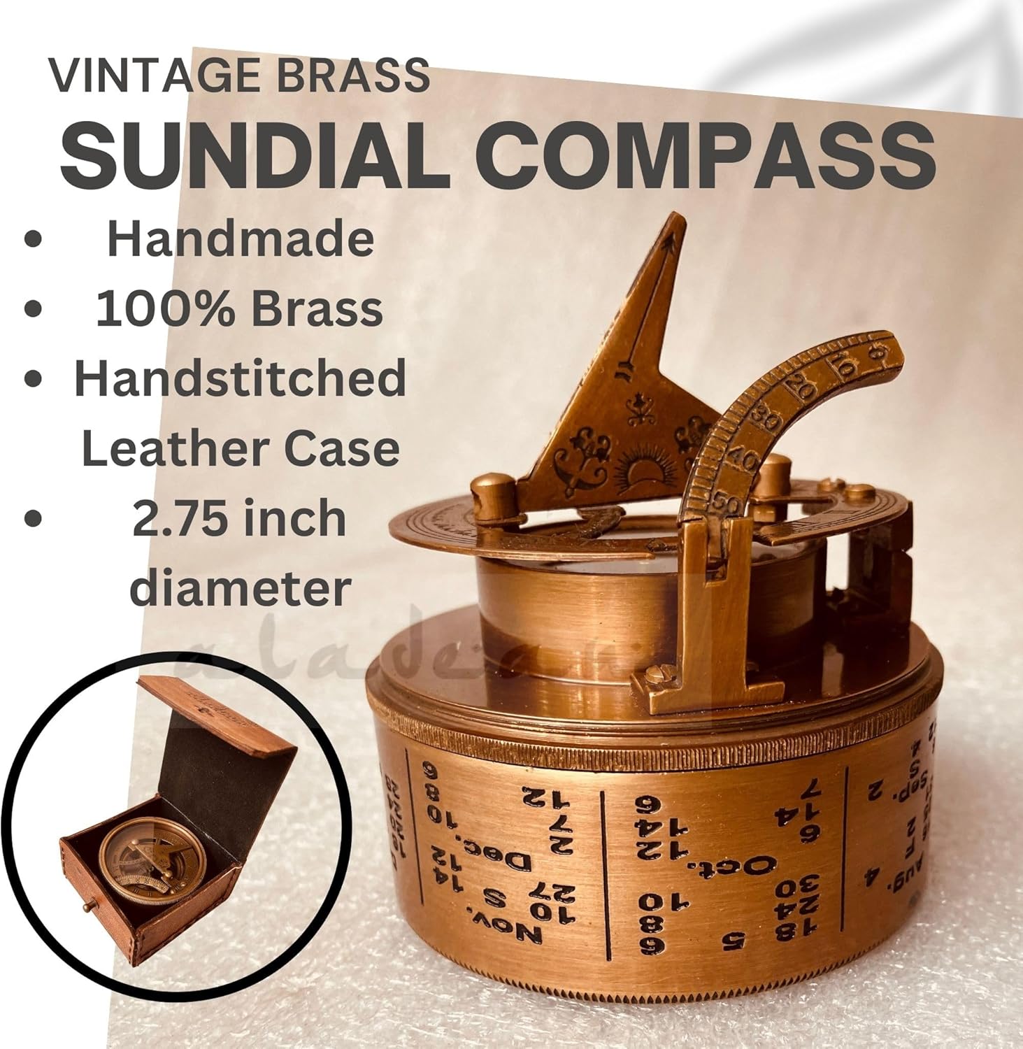 ALADEAN Vintage Brass Sundial Compass Antique Nautical Ship Sundial Clock in Keepsake Leather Gift Box Sun Clock Gift for Men & Women (Drum Sundial 2.75")