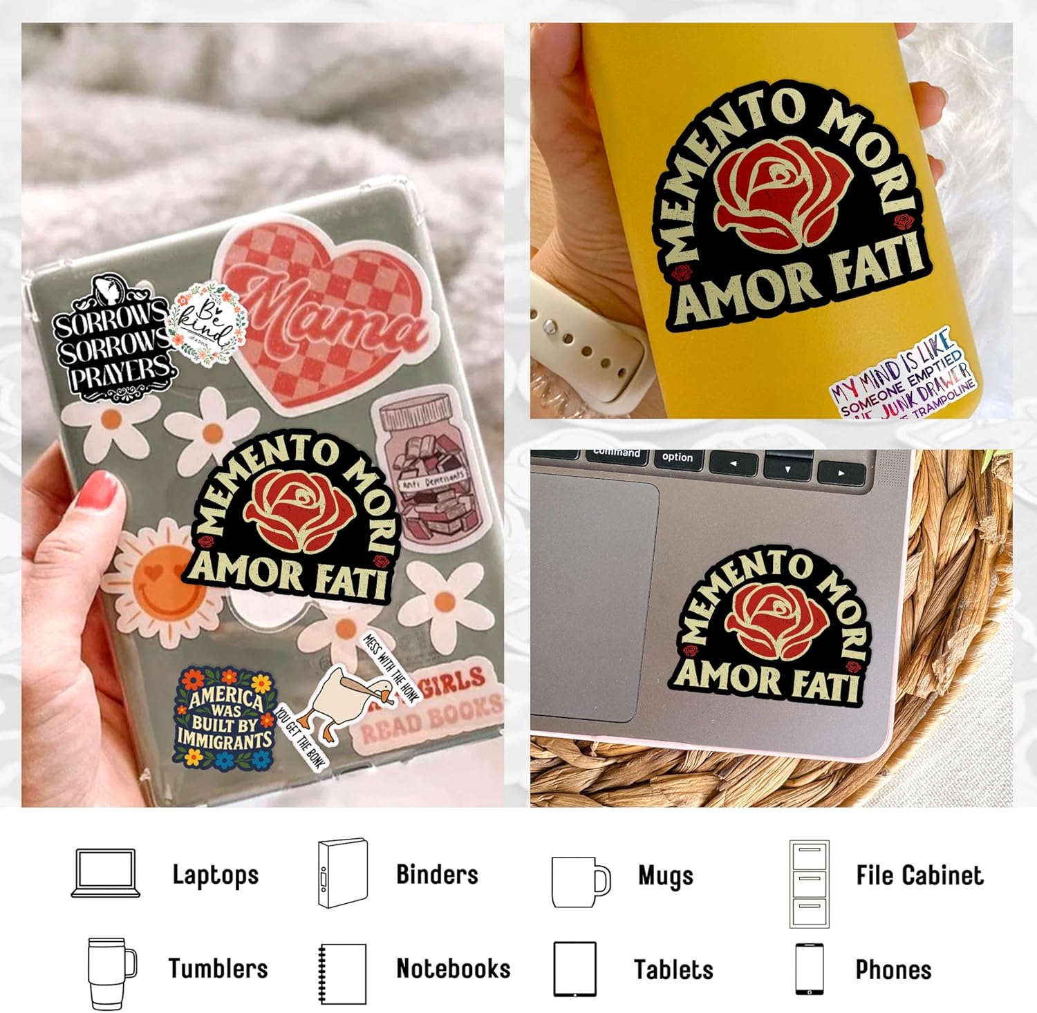 (3Pcs-3") Stoicism Quote Amor Fati Sticker Memento Mori Amor Fati Vintage Rose Waterproof Die-Cut Vinyl Sticker for Laptop Water Bottle Hard Hat Decal Birthday Gifts for Her Him 3 Inches