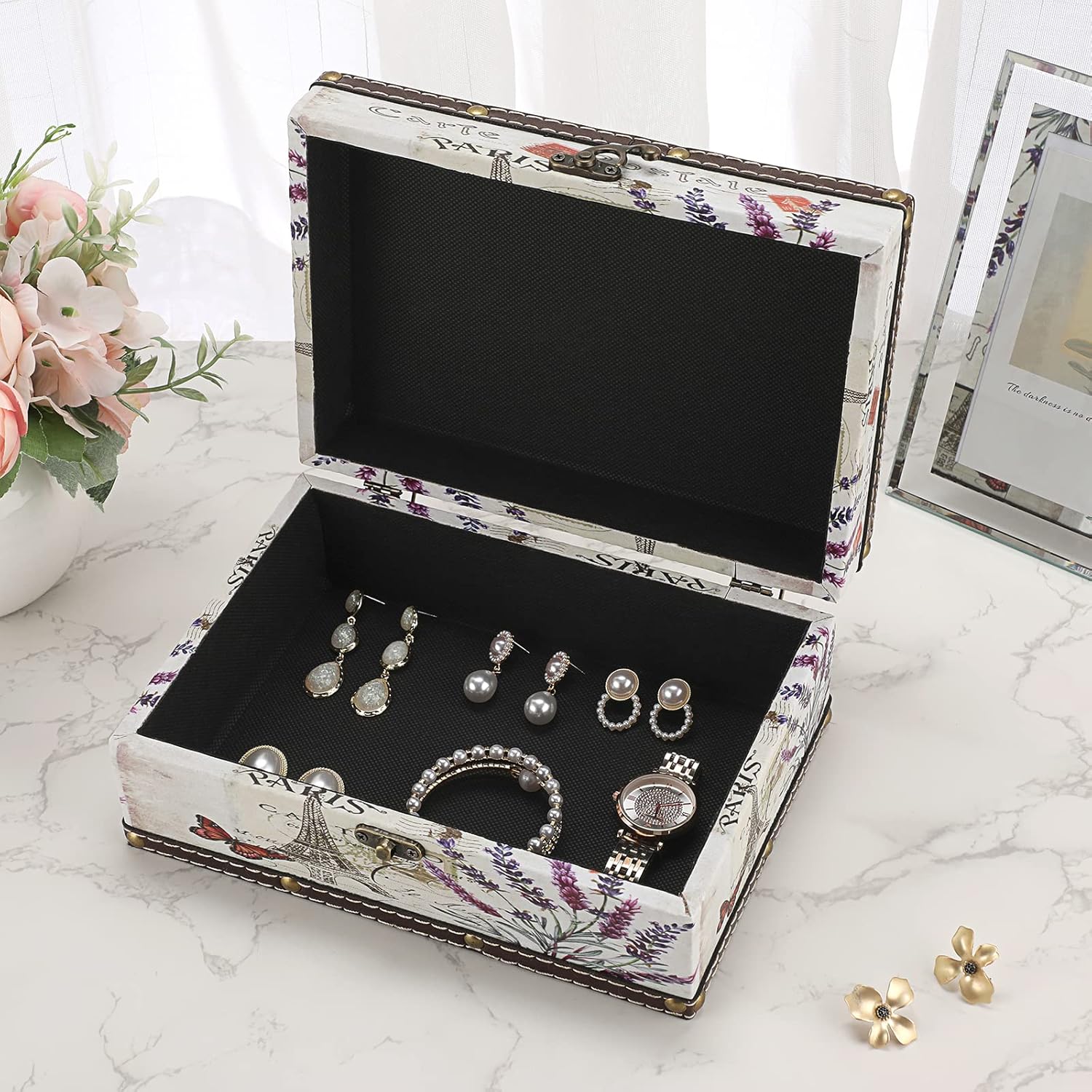 Hipiwe Chest Treasure Box Vintage Wooden + PU Leather Decorative Trinket Jewelry Box Memento Case Box Keepsake Box Gifts Home Decor (Lavender)