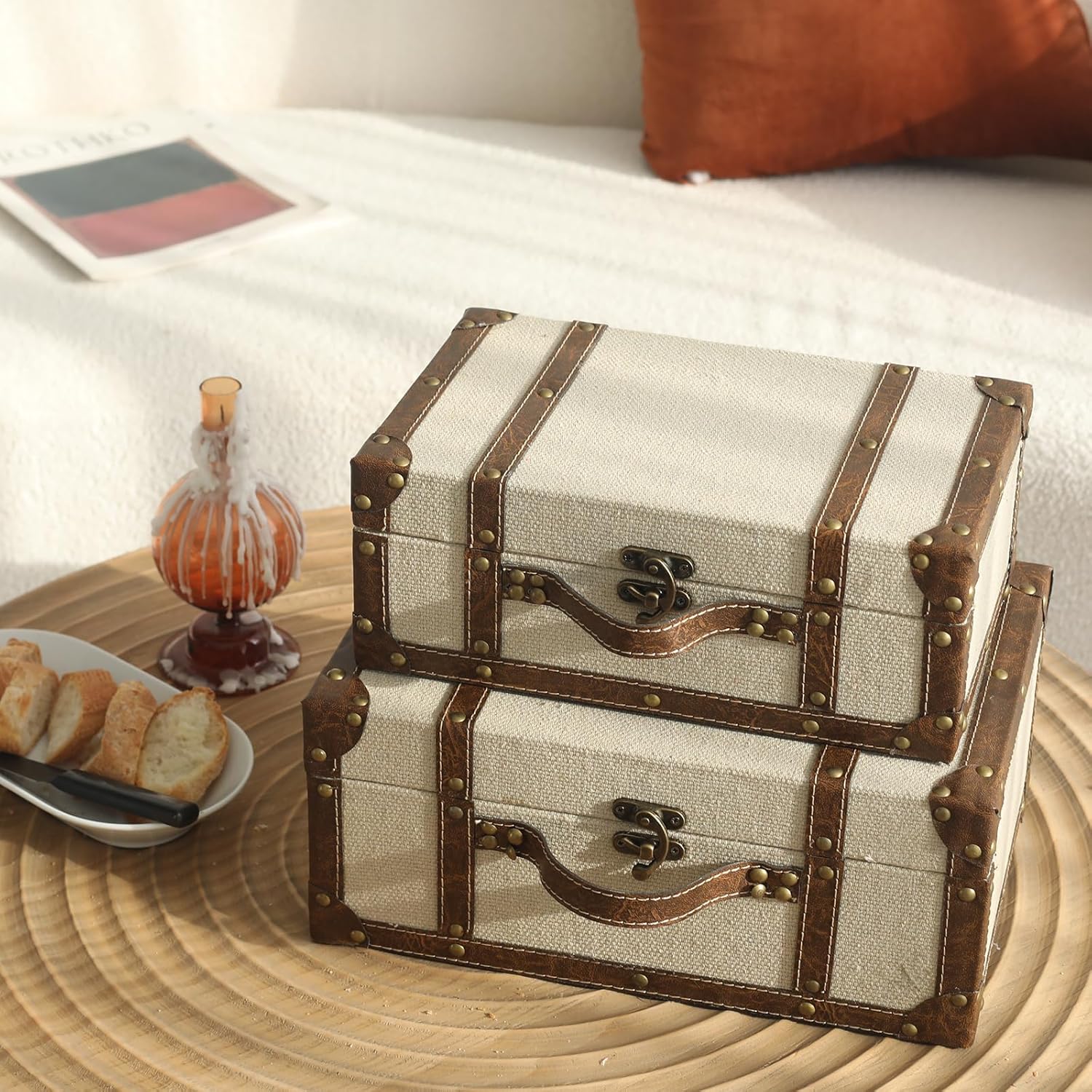 Vintage Suitcase Linen Fabric Covered Decorative Trunk Set of 2 - Antique-Style Wood Chests, Perfect for Weddings and Keepsakes
