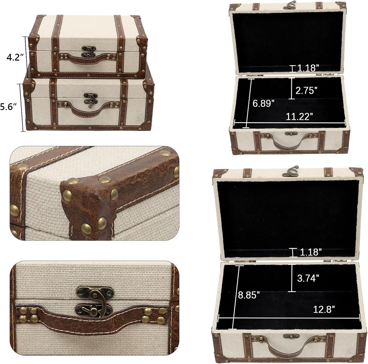 Vintage Suitcase Linen Fabric Covered Decorative Trunk Set of 2 - Antique-Style Wood Chests, Perfect for Weddings and Keepsakes