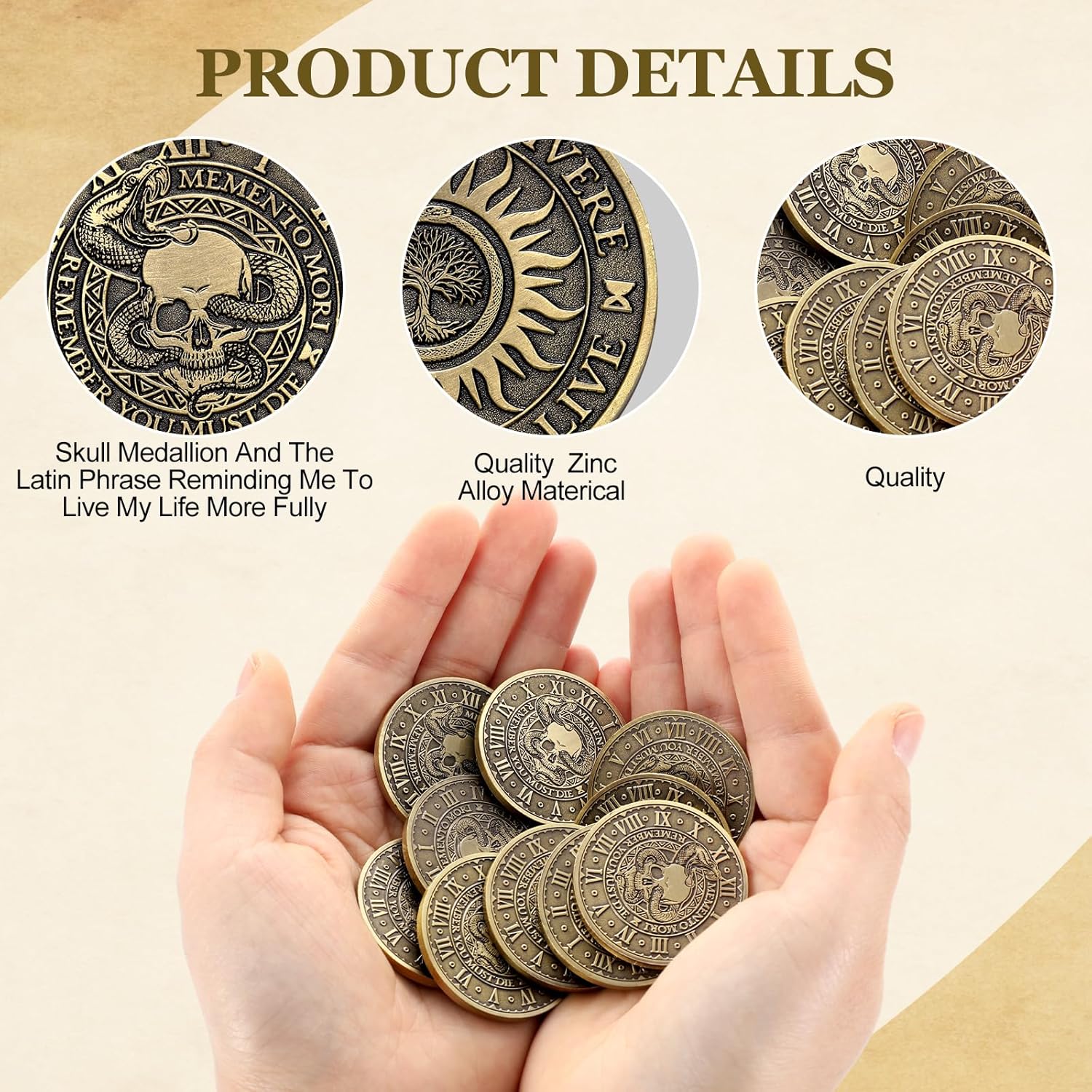 Misdary 20 Pcs Memento Mori Coin Memento Vivere Reminder Token Metal Skull Challenge Coin Medallion Stoicism Gift Challenge Stoic Reminder Pendant for Practice Stoic (Classic Style,Copper)