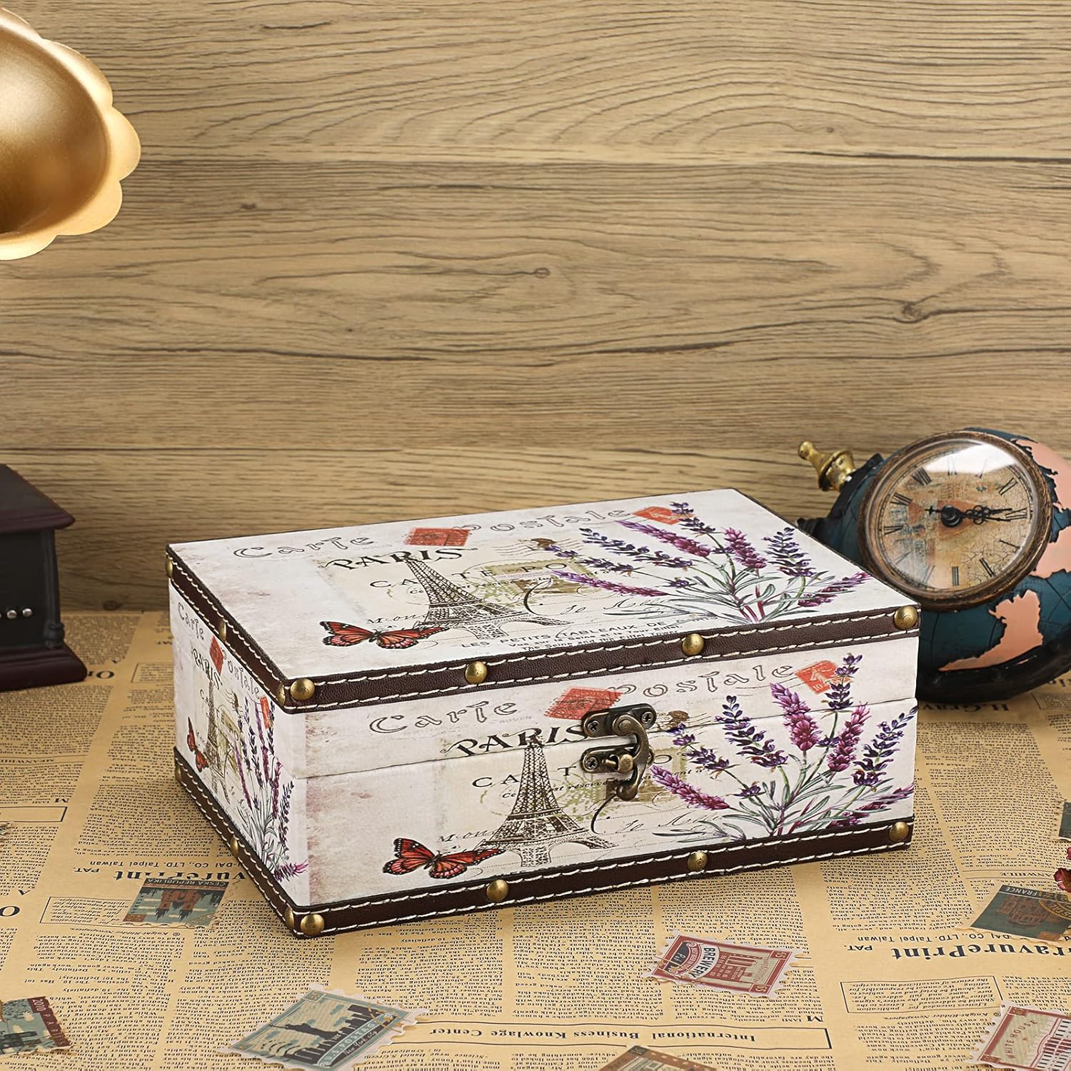 Hipiwe Chest Treasure Box Vintage Wooden + PU Leather Decorative Trinket Jewelry Box Memento Case Box Keepsake Box Gifts Home Decor (Lavender)
