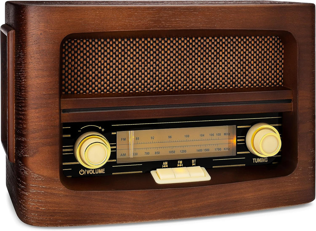 ClearClick Classic Vintage Retro Style AM/FM Radio with Bluetooth, Aux-in, & USB - Handmade Wooden Exterior Dark Brown
