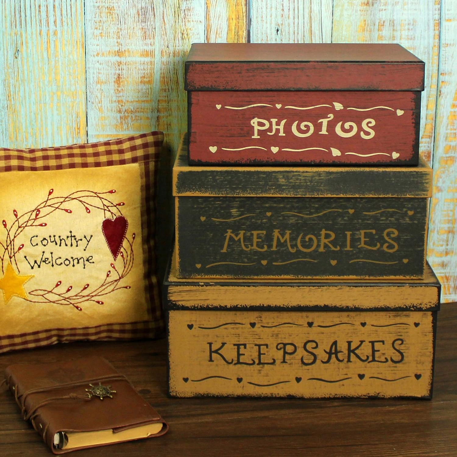 CVHOMEDECO. Primitive Vintage Rectangular Photos, Memories, Keepsakes Cardboard Nesting Boxes, Large 12 X 9 X 5-1/2 Inch. Set of 3.