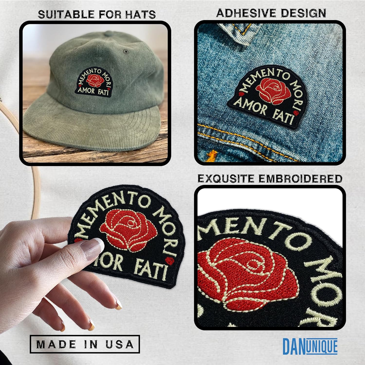 Amor Fati Patch Memento Mori Amor Fati Vintage Rose Stoicism Quote Sew On Iron On Embroidery Patch for Caps, Bags, Backpacks, Hat, Jackets, Uniform DIY PVC Patches Gifts for Her Him 3 Inches