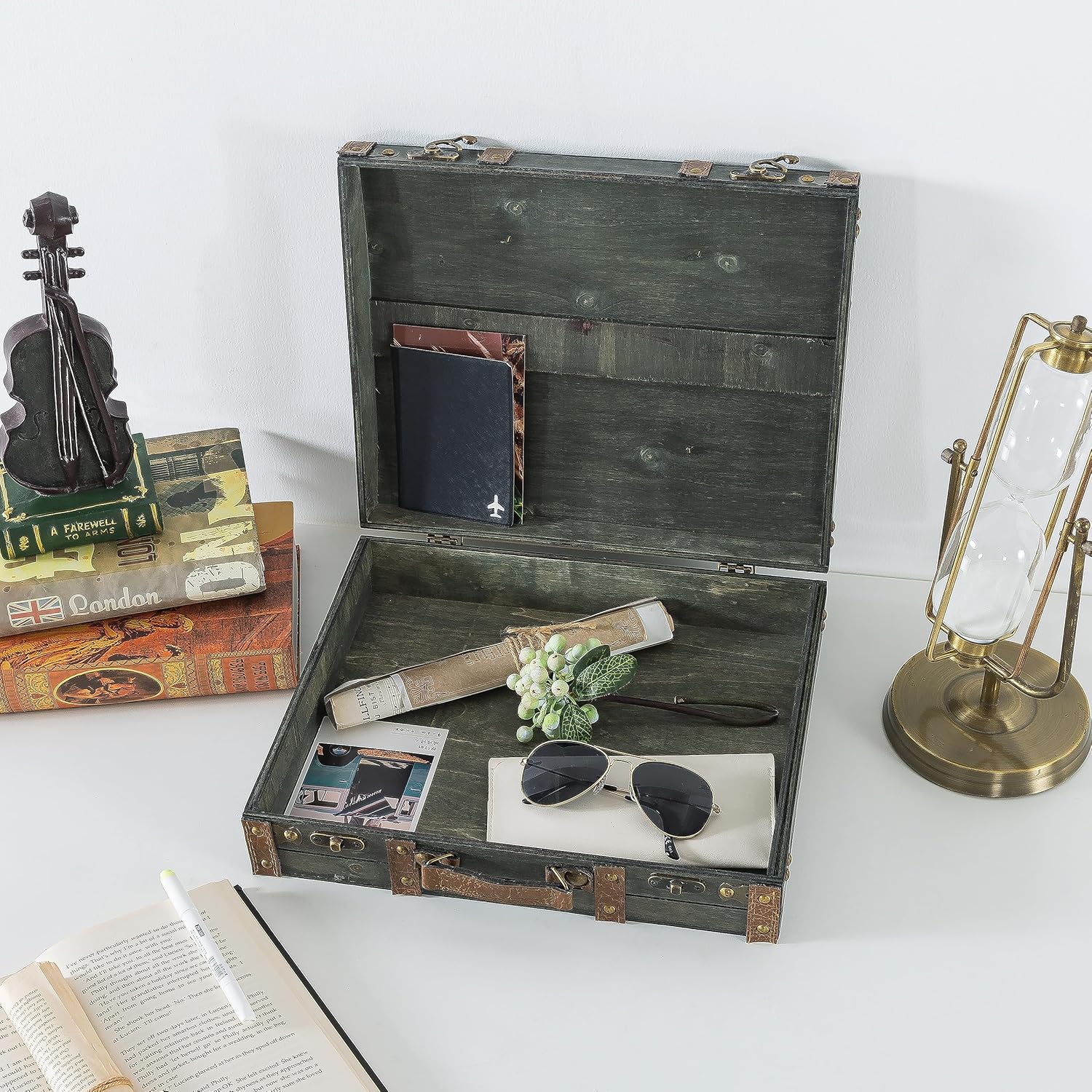 Soul & Lane Amelia Decorative Vintage Suitcase - 14.2" x 11.8" x 4.3", Wooden Briefcase for Keepsakes, Antique Wood Travel Trunk for Storage and Home Décor, Memory Chest with Hinged Lid
