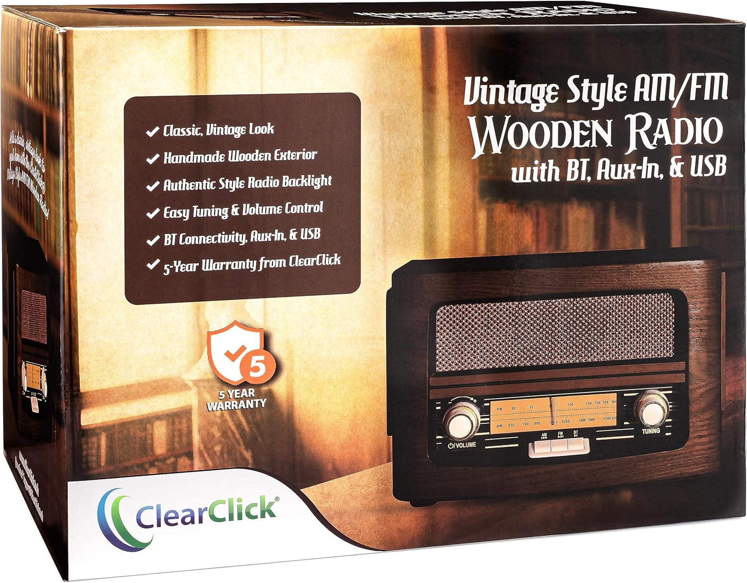 ClearClick Classic Vintage Retro Style AM/FM Radio with Bluetooth, Aux-in, & USB - Handmade Wooden Exterior Dark Brown