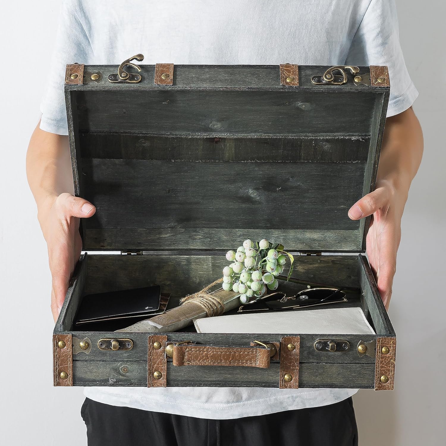 Soul & Lane Amelia Decorative Vintage Suitcase - 14.2" x 11.8" x 4.3", Wooden Briefcase for Keepsakes, Antique Wood Travel Trunk for Storage and Home Décor, Memory Chest with Hinged Lid