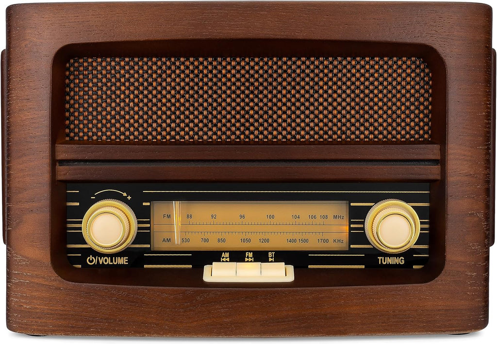 ClearClick Classic Vintage Retro Style AM/FM Radio with Bluetooth, Aux-in, & USB - Handmade Wooden Exterior Dark Brown