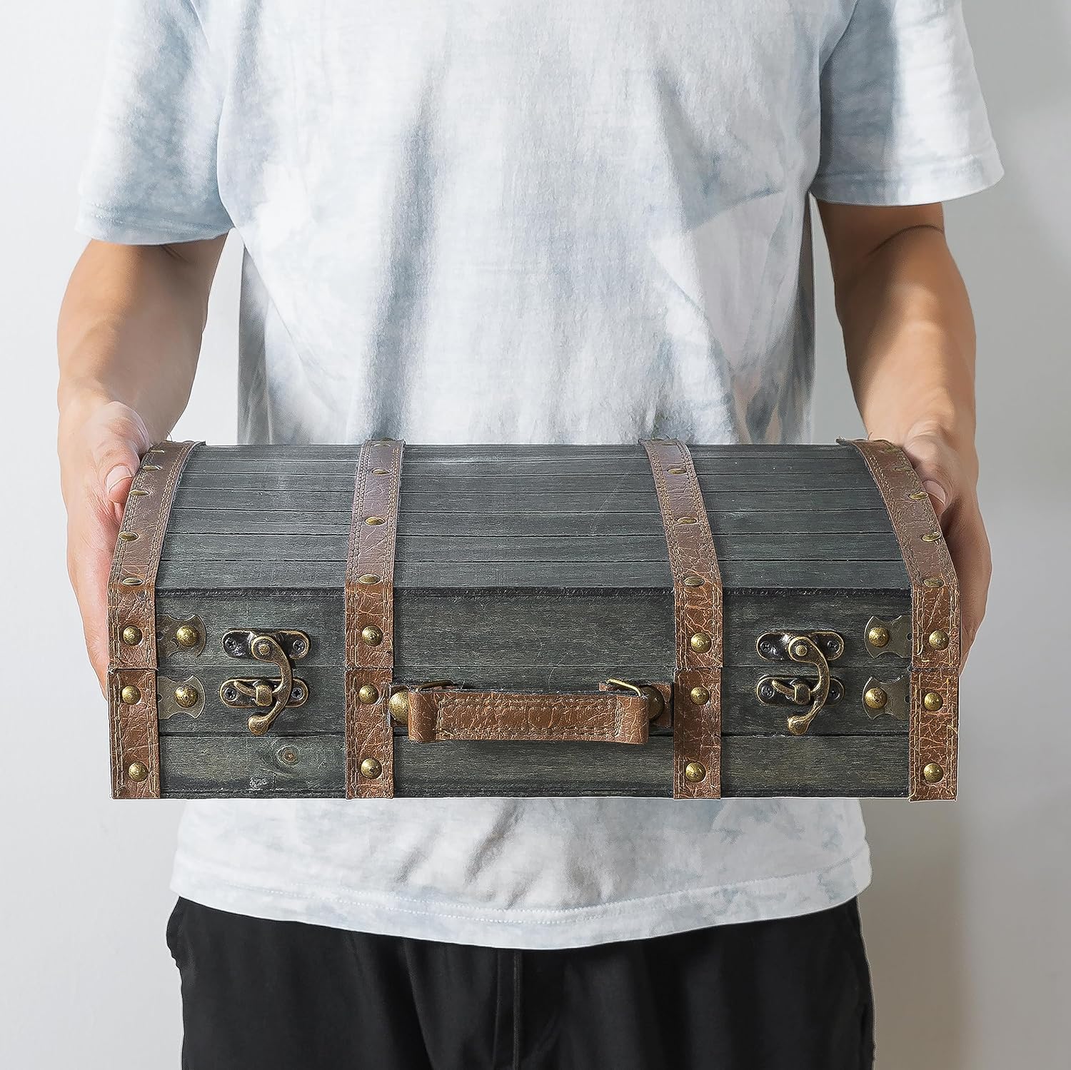 Soul & Lane Amelia Decorative Vintage Suitcase - 14.2" x 11.8" x 4.3", Wooden Briefcase for Keepsakes, Antique Wood Travel Trunk for Storage and Home Décor, Memory Chest with Hinged Lid