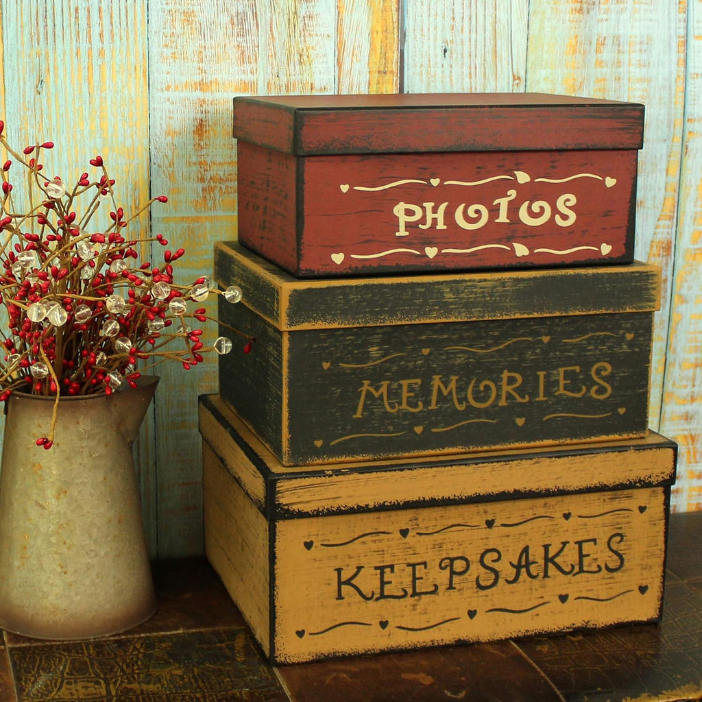 CVHOMEDECO. Primitive Vintage Rectangular Photos, Memories, Keepsakes Cardboard Nesting Boxes, Large 12 X 9 X 5-1/2 Inch. Set of 3.