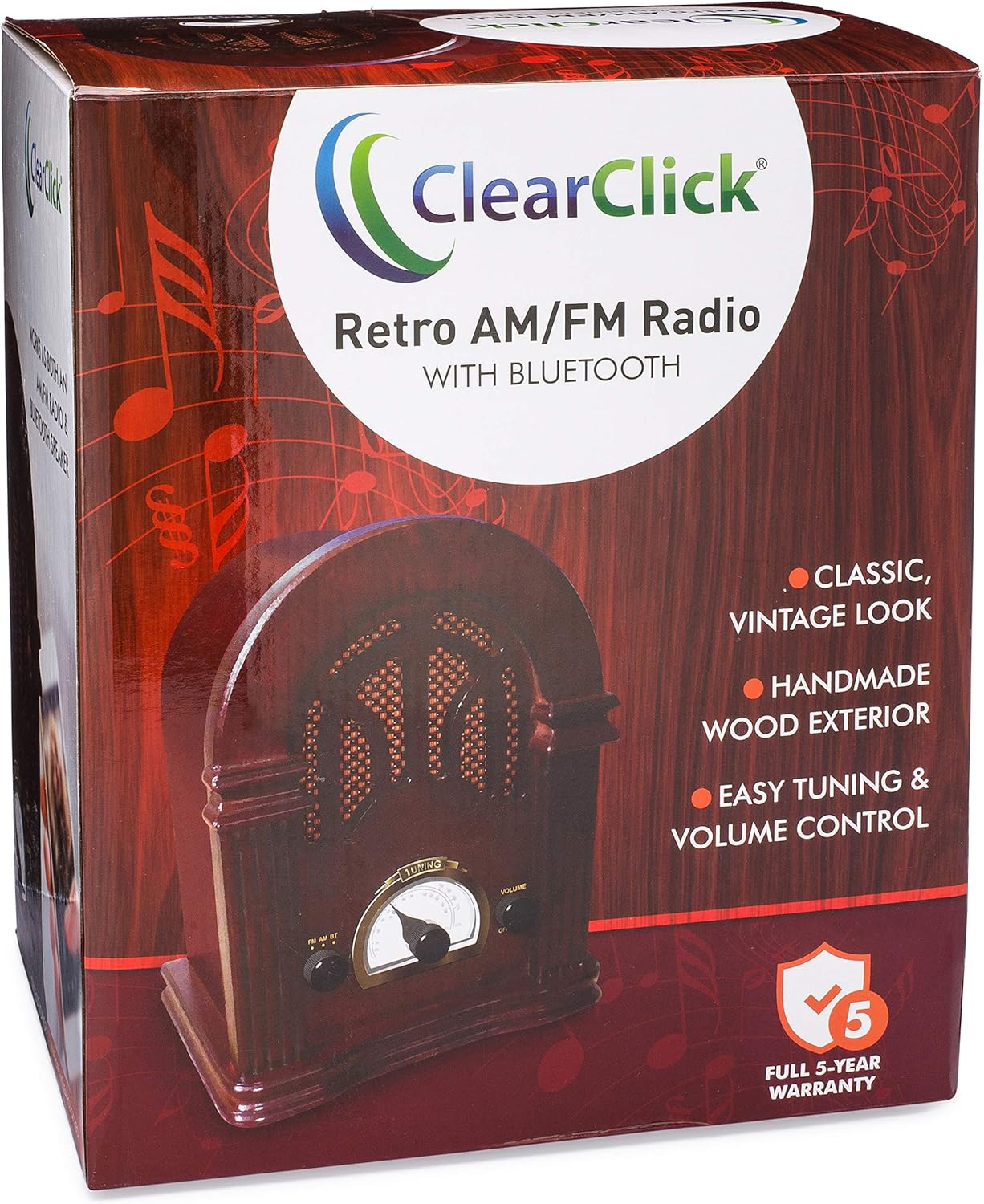 ClearClick Retro AM/FM Radio with Bluetooth - Classic Wooden Vintage Retro Style Speaker