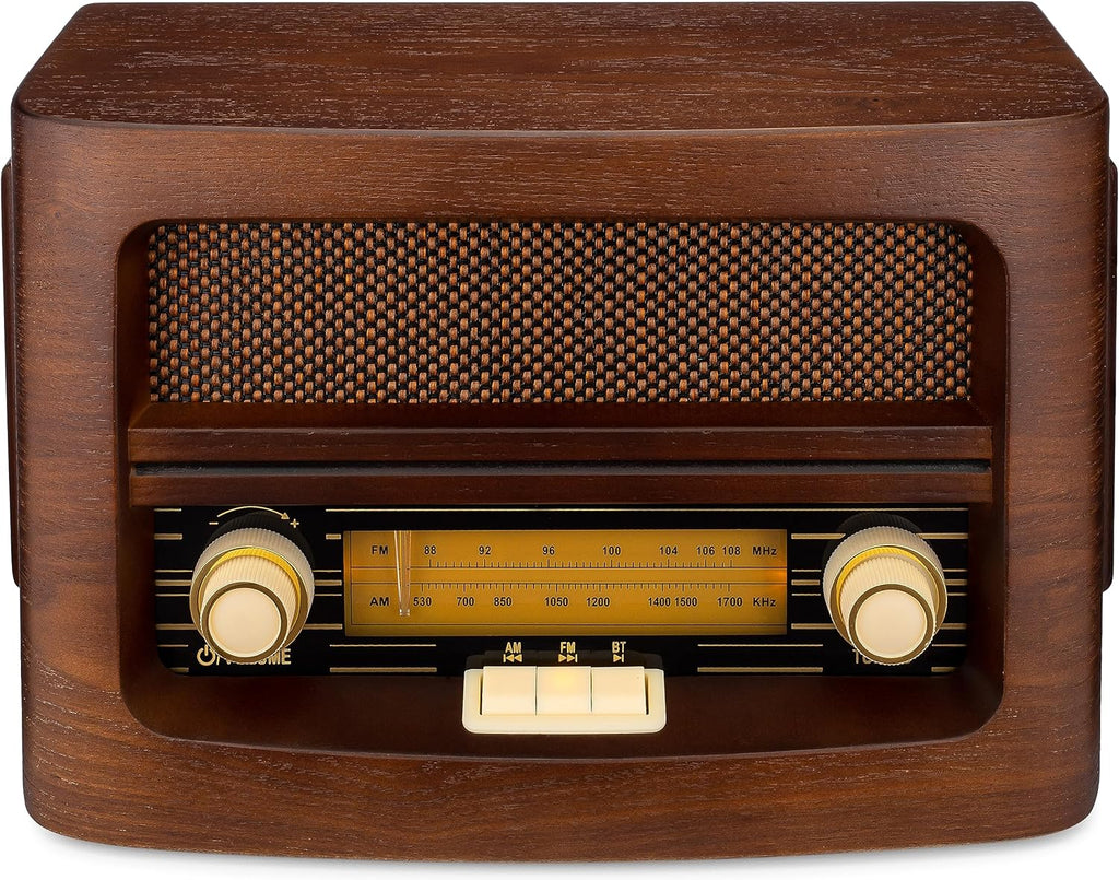 ClearClick Classic Vintage Retro Style AM/FM Radio with Bluetooth, Aux-in, & USB - Handmade Wooden Exterior Dark Brown